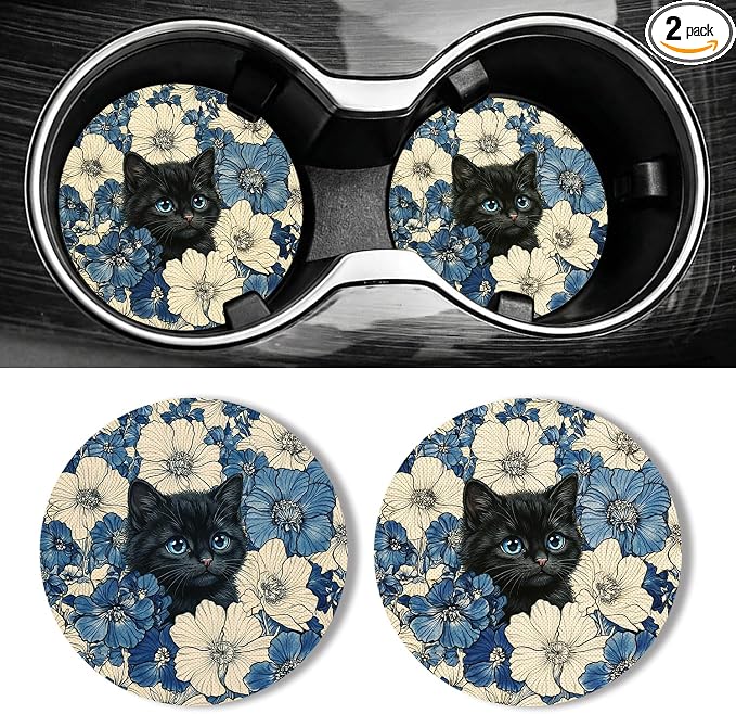 WOCOCN Car Coasters for Cup Holders - 2 Pack 2.75" Universal Rubber Car Cup Coaster, Non-Slip Waterproof Car Interior Accessories, Cute Car Decor Gifts for Women and Men (Flowers & Cats)