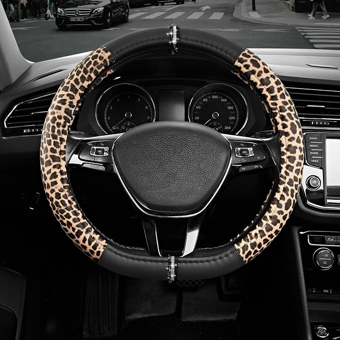 Road Comforts Leopard Steering Wheel Cover for Women, Cute Anti-Slip Microfiber Leather, Fits D Shape Flat Bottom Steering Wheel 14.5-15 Inch - Black