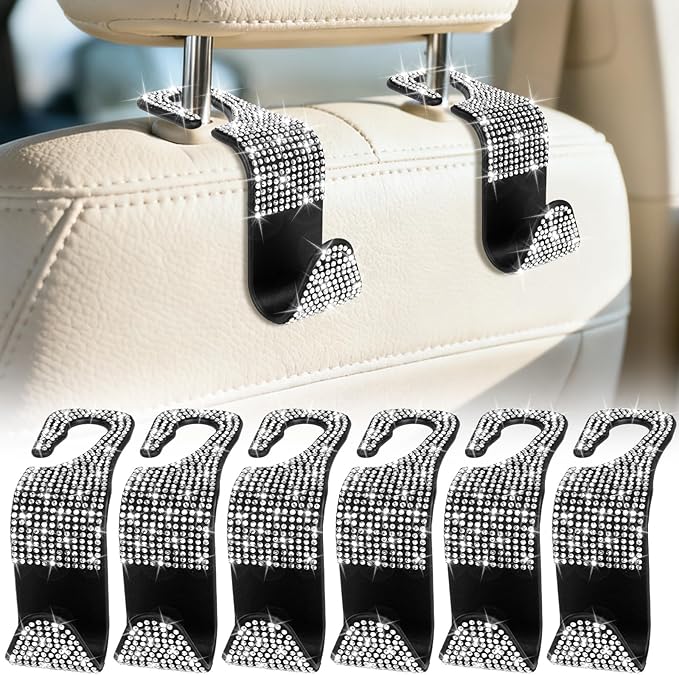 BFXM 6 Pack Bling Car Seat Headrest Hooks, Bling Car Accessories for Women, Rhinestone Purse Hook for Car, Universal Storage Organizer for Handbag Grocery Bags Coats (Bling White)