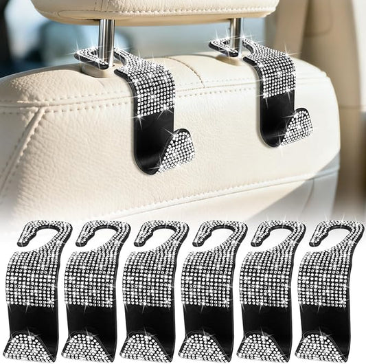 BFXM 6 Pack Bling Car Seat Headrest Hooks, Bling Car Accessories for Women, Rhinestone Purse Hook for Car, Universal Storage Organizer for Handbag Grocery Bags Coats (Bling White)