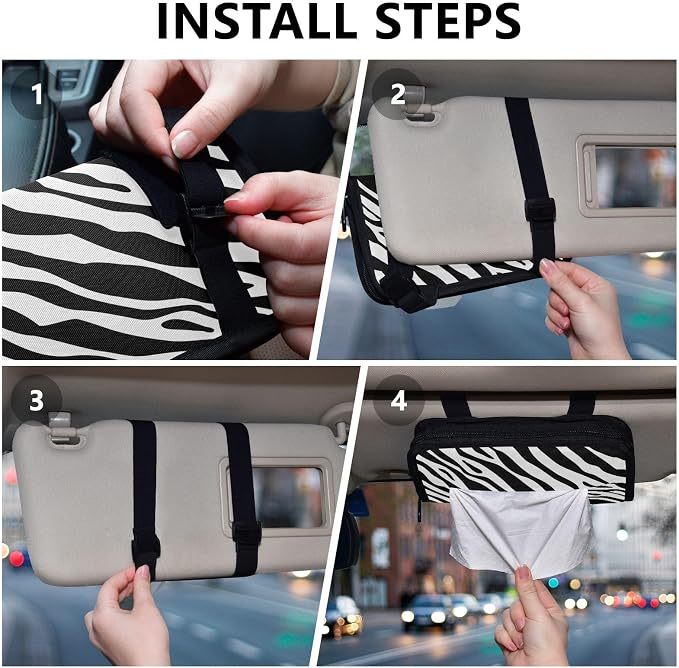 Car Tissue Holder Car Napkin Holder Car Tissue Box Dispenser Storage Case Sun Visor Mask Holder with Adjustable Straps Reusable Refillable Zebra Print