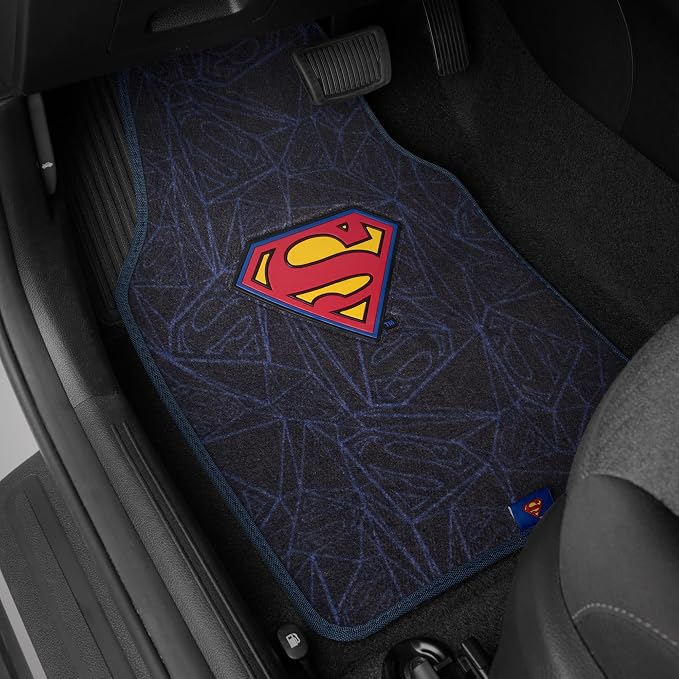 Warner Bros DC Comics Superman 4pc Carpet Floor Mats Car Accessories - Set for Car, Truck, Van, SUV - No-Slip Grip - Universal Fit Front 26" x 16.5", Rear 14" x 16.5"