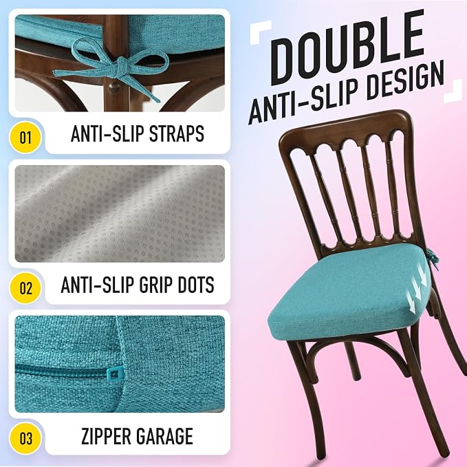 SUNROX Cooling Gel Memory Foam Chair Cushions, 2.6" Thick U-Shaped Dual-Layer Comfort Dining Chair Pads, Non Slip Seat Cushion with Ties for Indoor Kitchen Office 17"x16" Set of 8, Turquoise