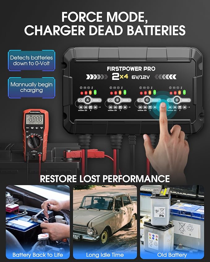 8A 4-Bank Car Battery Charger (2A/Bank) - 6V & 12V Automatic Trickle Charger, Motorcycle Battery Maintainer & Desulfator with Overcharge & Temperature Compensation – for Lead Acid, AGM, Gel, LiFePO4