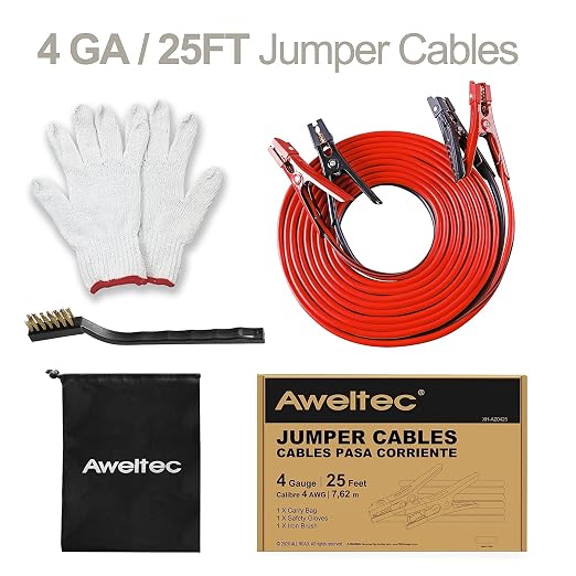 Heavy Duty Jumper Cables,4 Gauge 25 Feet Battery Booster Cable,Automotive Wires with Alligator Clamps,Carrying Bag,Safety Gloves and Iron Brush for Cars Trucks