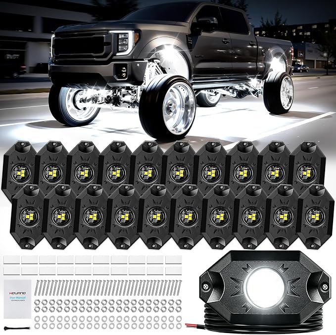 Hovano LED Rock Lights White 20Pods 6000K Waterproof LED Neon Underglow Light for Truck Car ATV UTV SUV Off Road Boat High Power Under Body Glow Trail Rig Lamp