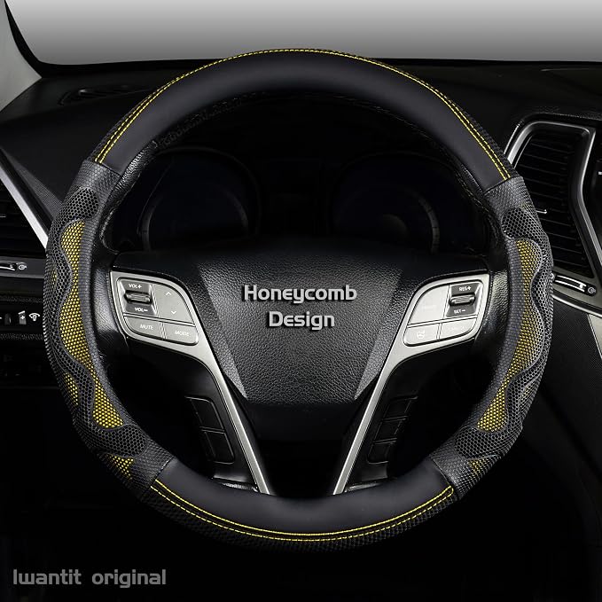 Iwantit® Steering Wheel Cover with 3D Honeycomb Anti-Slip Design and Breathable Fabrics and Pu Leather, Universal 14.5-15 Inch (Yellow/Black)