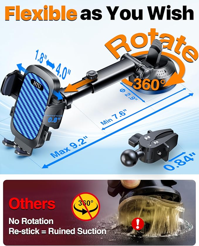 HTU 2026 Ultimate Best【True Military-Grade & Safety Cert】 Car Phone Holder | 【Upgraded 360 Rotation & 100LBS Strongest Suction】5-in-1 Truck Windshield Dashboard Vent Mount Stand for iPhone Android, Blue