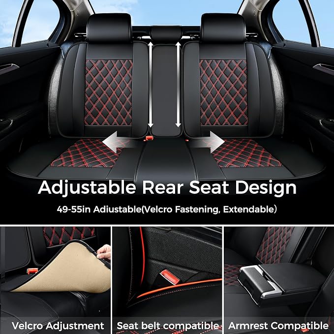 Huidasource Car Seat Cover Universal Fit for Most Cars, Vans,Trucks,SUVs, Seat Covers Nappa Faux Leather, Car Seat Covers Protector Front ＆ Split Bench Rear Velcro Adjustment (Full Set/Black&Red)