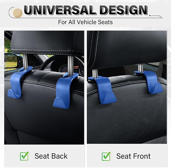 SINGARO 4 Pack Car Seat Headrest Hooks, Vehicle Back Seat Hanger Storage Organizer for Purse Handbag Backpack Coat Grocery, 360° Rotating Heavy Duty Holds 44lbs, Blue