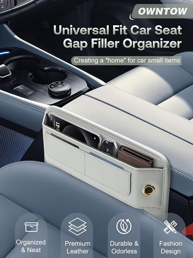 Universal Fit Premium Leather Car Seat Gap Filler Organizer, Center Console Organizer with Card Slots, Clever Gifts for Car SUV Truck Owners (Beige, 1 Pack)