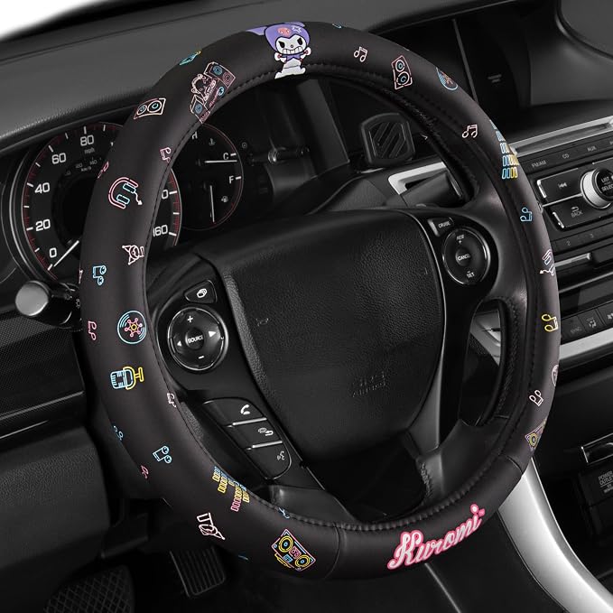 Sanrio Hello Kitty and Friends Kuromi Black Car Steering Wheel Cover, Universal Fit Cute Accessories for Women Stylish Decor Gifts Hello Kitty Accessories - Fits Standard Wheels 14.5"-15"