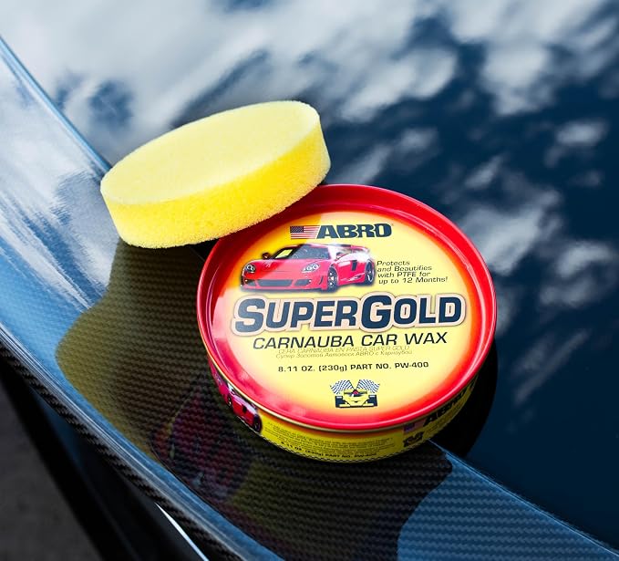 ABRO Super Gold Carnauba Car Wax - Long-Lasting Protection & High Gloss Shine, Car Wax Paste for Cars, Motorcycles, Boats, Safe on All Paint Finishes, Includes Sponge, 8 oz, Pack of 2