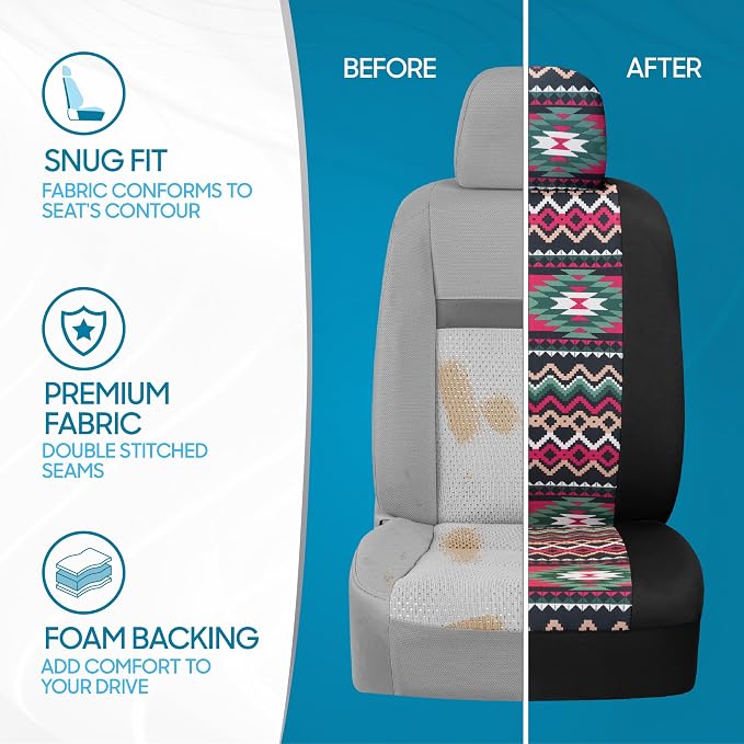 BDK Pink Inca Car Seat Covers for Front Seats, 2 Pack– Geometric Print Front Seat Cover Set with Matching Headrest, Sideless Design for Easy Installation, Universal Fit for Car Truck Van and SUV