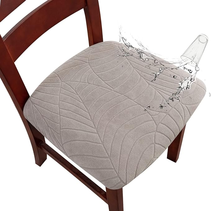 Genina Waterproof Seat Covers for Dining Room Chairs, Stretch Chair Covers Removable Washable Dinning Room Kitchen Chair Seat Covers Slipcovers (Leaves-Warm Gray, 6 PCS)