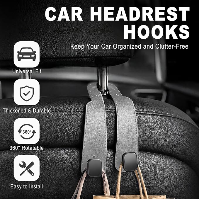 Headrest Hooks for Car 2 Pack, Upgraded Double Metal Hooks with Leather Cover, Car Seat Back Storage Organizer with Anti-Drop Design, for Purses, Handbags, Coats, Groceries (style2)