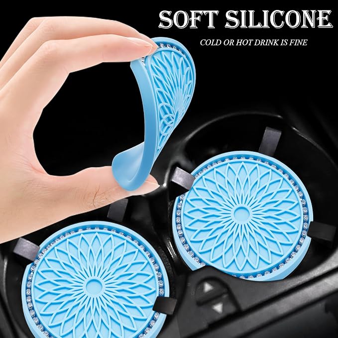 2PCS Bling Car Cup Holder Coasters, 2.75 Inch Silicone Anti-Slip Insert, Bling Shockproof Cup Mat for Women Girls, Universal Fit for Most Vehicles (Light Blue & White)