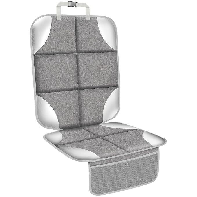 Car Seat Protector for Child Car Seat, 600D Fabric Carseat Seat Protectors, Seat Protector Under Baby Pet Car Seat with Upgraded Non-Slip Backing, Mesh Storage Pockets, Silver-Gray, 1PCS