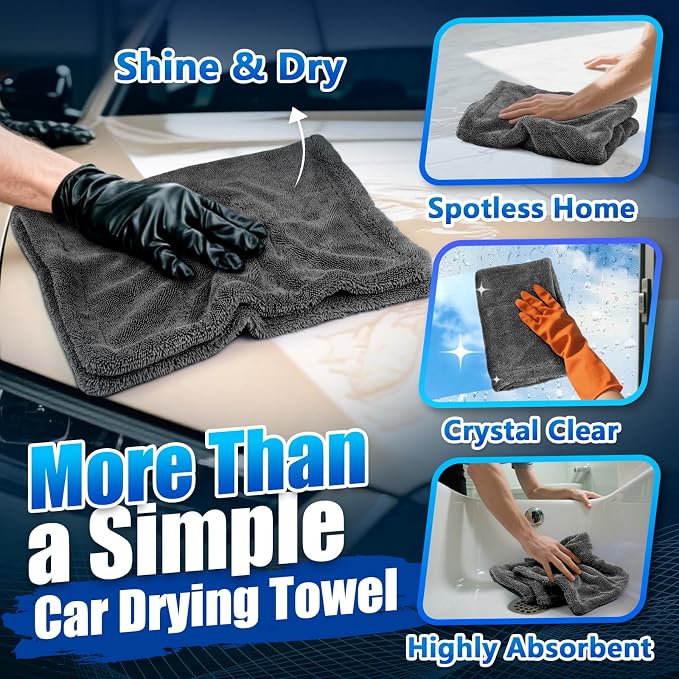 Airlab Car Drying Towel Microfiber Towels for Cars 1200 GSM Wash Auto Detailing Supplies Twist Pile Cleaning Cloth Absorbent Quick Dry Soft Loop Dry Flash Towel, 24 x 16 Inch, Pack of 1, Grey