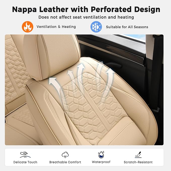 Huidasource Car Seat Covers, Beige Seat Covers Nappa Leather, Waterproof Automotive Seat Covers, Universal Seat Covers Full Set with Lumbar Support Fit for Most Cars SUV Trucks