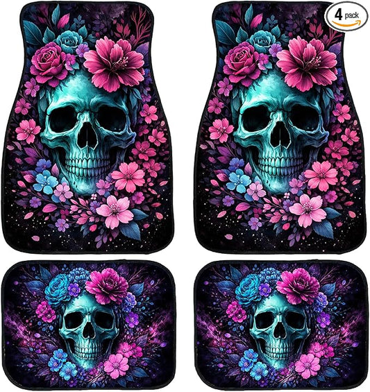 Skull Car Floor Mats Set of 4 Floral Gothic Dark Bloom Art Carpet Front Rear Carpets Mat Decorative Car Floor Carpets Non-Slip Auto Car Accessories Universal Fit for Car SUV Truck Van