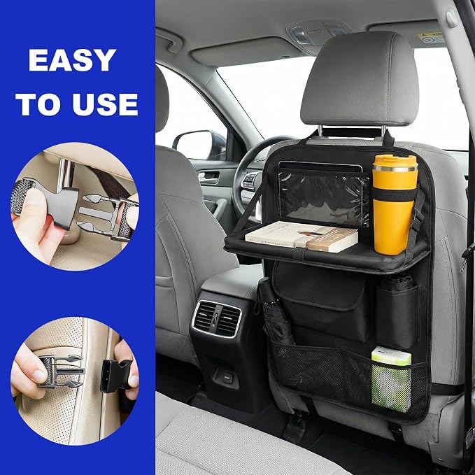 2PCS Car Backseat Organizer with Foldable Table Tray, 5 Storage Pockets Auto Seat Back Protector w/Tablet Holder, Back Seat Cover Storage Organizer Kick Mats for Most Cars