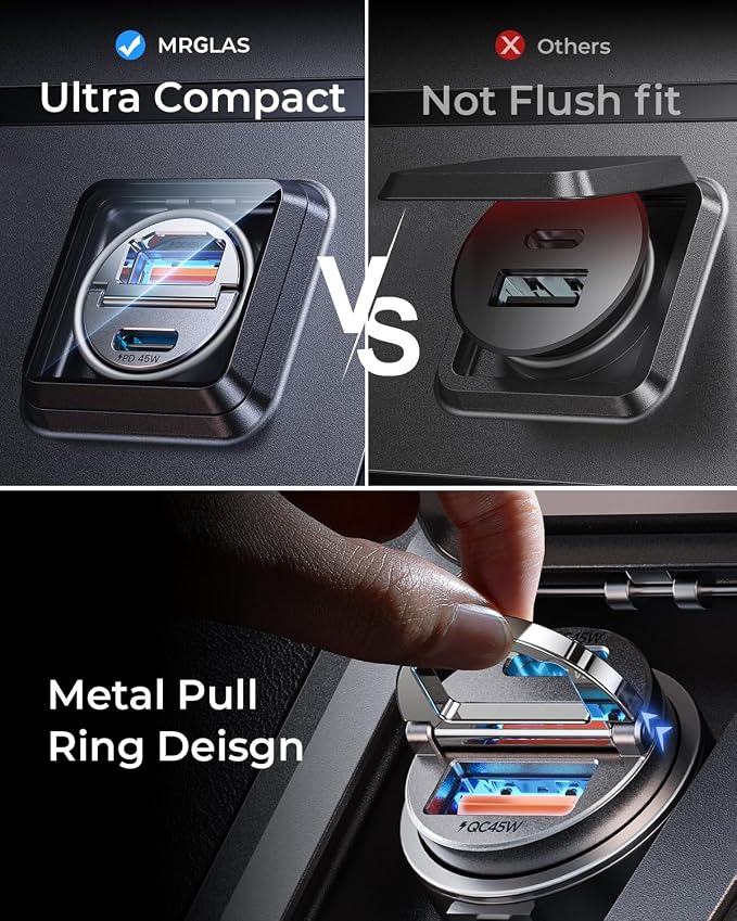 MRGLAS 90W USB C Car Charger Fast Charging,[Invisible Design] All Metal Car Charger USB C PD45W+QC3.0 Dual Port Cigarette Lighter RV Power Adapter for iPhone 17 16 Pro Max 15 Samsung S26 S25 Ultra