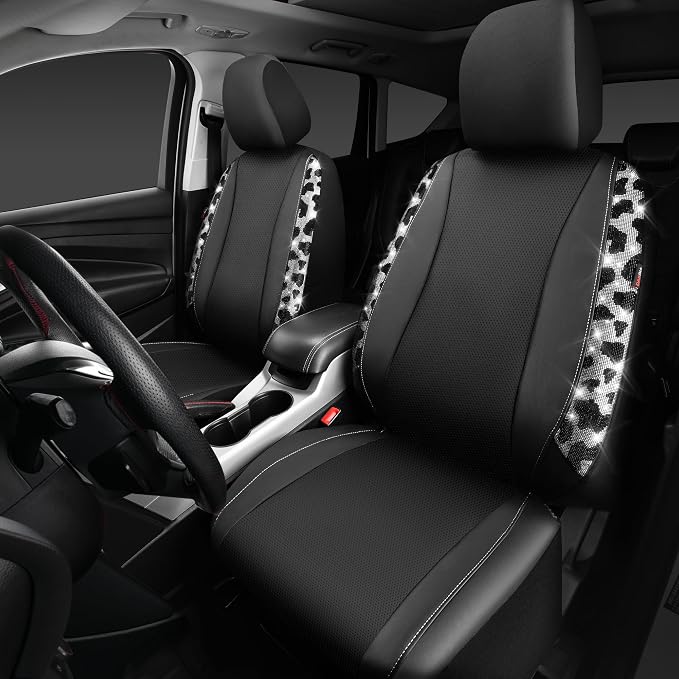 CAR PASS Cow Diamond Leather Bling Car Seat Covers Universal, Faux Shining Rhinestones Two Front only, Fit 95% Automotive Glitter Crystal Sparkle Strips for Cute Women Girl, 2PCS Cow Silver Diamond
