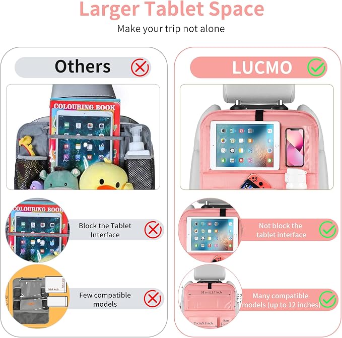LUCMO Car Backseat Organizer with Foldable Tablet Holder, Pink | 2 Pcs,6 Storage Pockets,Foldable Food Tray,Protectors Kick Mats,Travel Accessories,Seat Cover,Road Trip Essentials