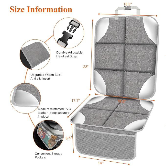 Car Seat Protector, Carseat Seat Protectors with Thick Padding and Upgraded Non-Slip Backing, Waterproof Seat Protector Under Baby Car Seat, 600D Fabric Car Seat Covers, Silver-Gray, 2PCS