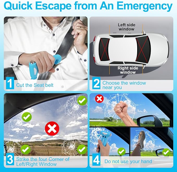 Window Breaker, 3-in-1 Emergency Escape Tool with Car Safety Hammer and Seat Belt Cutter, Safety Emergency Car Escape Tool Gift for Women (Blue)