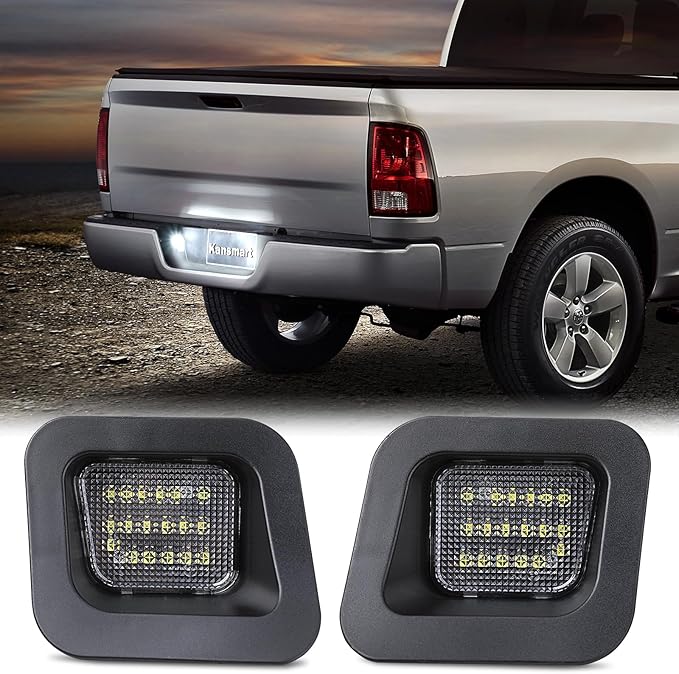 KanSmart LED License Plate Light for Dodge Ram 1500 2500 3500 2003-2018 | OE 55078095AA, 6000K white, smoke lens, rear bumper tag lamp assembly, decode CANbus, plug & play, pickup truck accessories