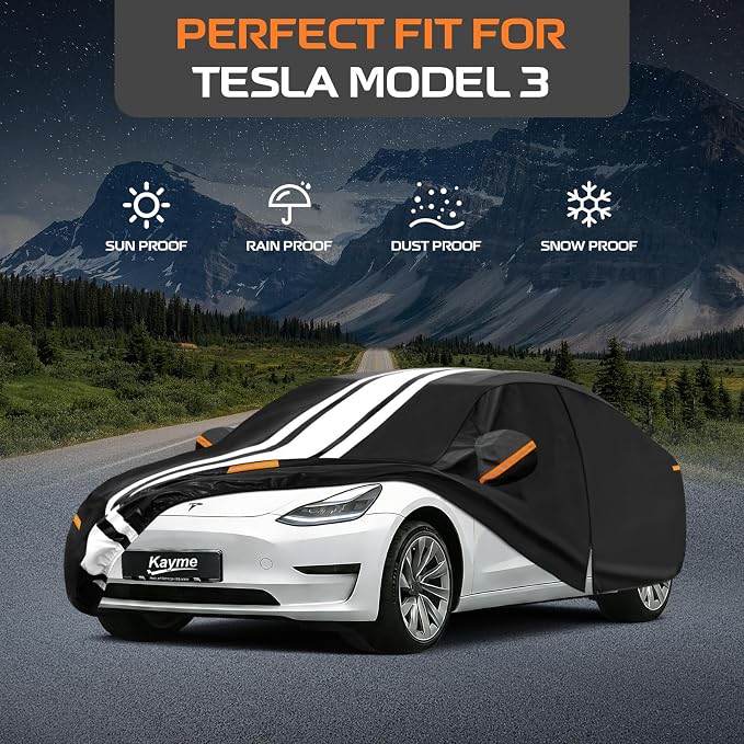 Kayme Heavy Duty Car Cover Custom Fit for Tesla 3/Model 3 (2017-2026) Waterproof All Weather for Automobiles, Gift with Tape/Towel, Outdoor Full Exterior Cover Rain Snow Sun UV Protection.