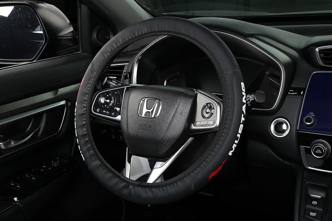 Car Steering Wheel Cover, Leather, Anti-Slip Lining, Universal for Mustang, 14.5-15 Inch, Black