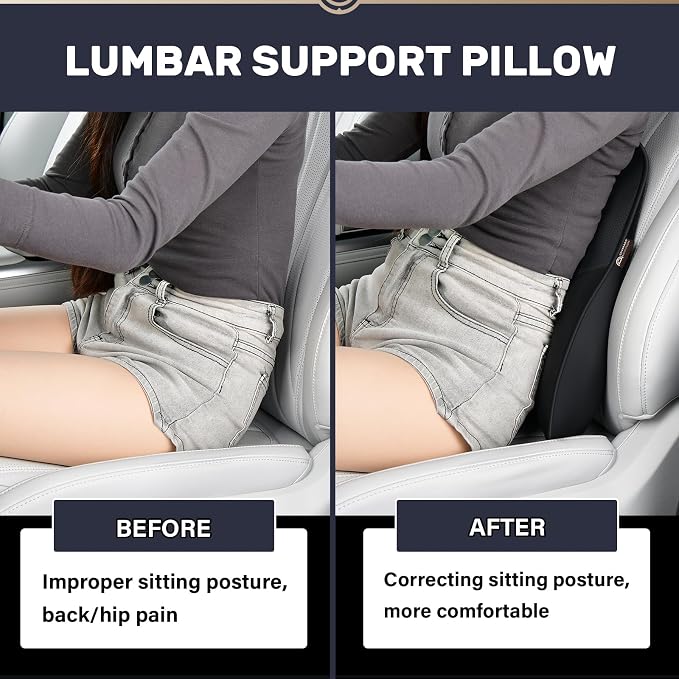 Coverado Lumbar Support Pillow for Car, Ergonomic Memory Foam Back Pillow for Office Chair, Back Cushion for Back Pain Relief, PU Leather Car Lumbar Support for Driving Seat - Black