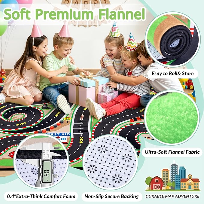 Kids Rug, 4x6 Ft Race Track Car Rug for Kids | Extra Thick 0.4in Soft Non-Slip Racing Car Carpet Play Rug with 3D Track Design for Toy Cars, Playroom, Bedroom &Nursery