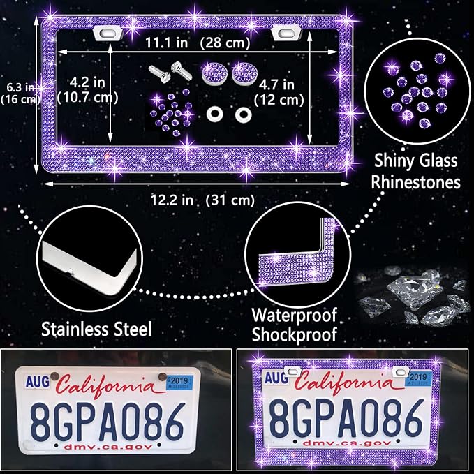 NBTEPEM 27 PCs Purple Violet Bling Car Accessories Set for Women, Steering Wheel Covers Universal Fit 15 Inch, Bling License Plate Frame, Bling Phone Holder, Bling Car Coasters