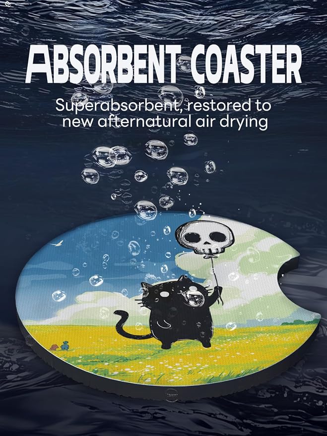 WOCOCN Car Coasters,Cup Holder Coasters for Car,2.75inch Anti Slip and Absorbent,Cute Automotive Interior Accessories for Cup Holder,Pack of 2 (Black Cat and Skull Balloon)