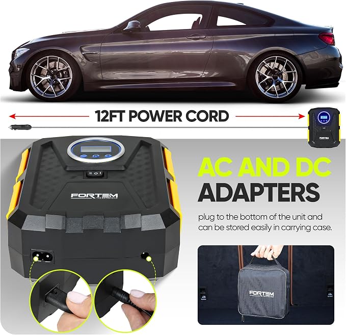 FORTEM Tire Inflator Portable Air Compressor, Air Pump for Car Tires and Bikes, Car Tire Pump w/Auto Shut Off, 150 PSI, 110V AC 12V DC, LED Light, Carrying Case, Perfect For Men, Women