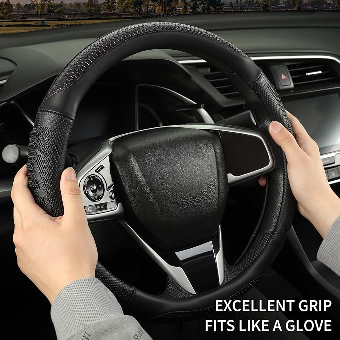 D Shaped Steering Wheel Cover Great Grip with 3D Honeycomb Hole | Anti-Slip Silicone Heavy-duty Microfiber Leather Sporty Design, Universal 14.5 inch - 15 inch, Black with Purple