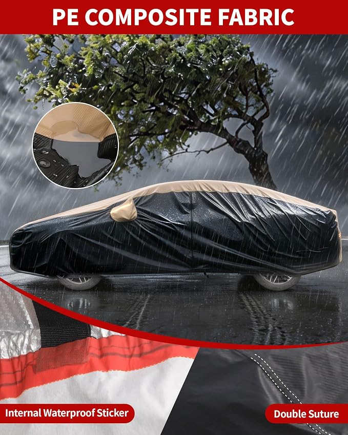 Car Cover Waterproof All Weather,6 Layers Car Covers for Automobiles, Full Exterior Cover with Zipper, Outdoor Car Cover Sun UV Rain Snow Wind Protection, Fit for 185"(185 * 70 * 59 inch) Sedan