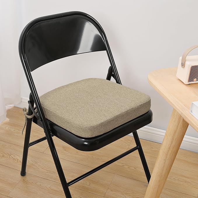 SINOSSO Memory Foam Chair Cushion for Folding Chair 1 Pcs, Thickened 2" Square Kitchen Chair Pad with Ties, Indoor Non-Slip Dining Chair Seat Cushion (1 Piece, Linen)