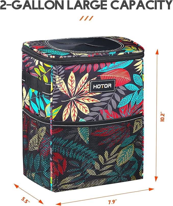 HOTOR Car Trash Can with Lid and Storage Pockets - 100% Leak-Proof Organizer, Waterproof Garbage Can, Multipurpose Trash Bin for Car, 2 Gallons, Autumn Leaves