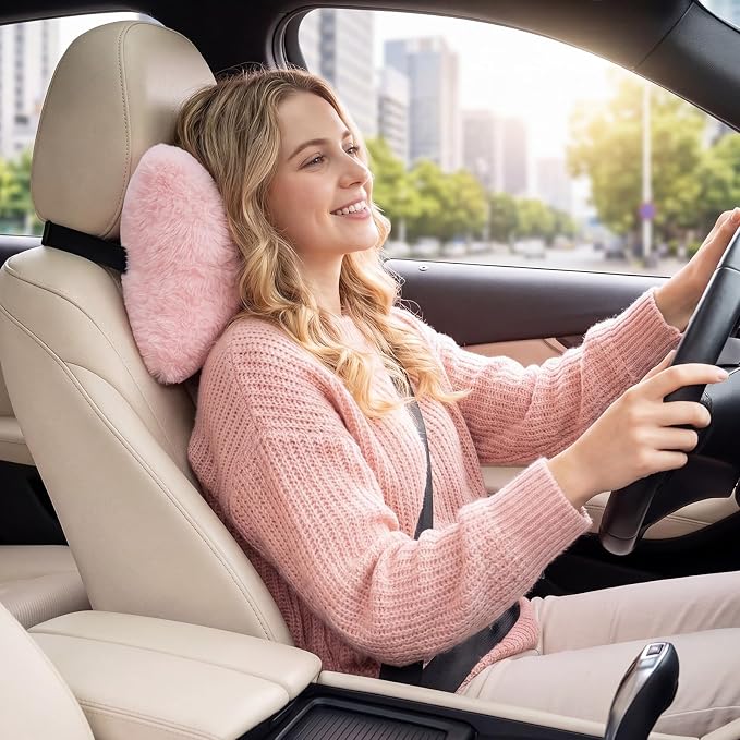 Macarrie 2 Pcs Pink Car Neck Pillow Imitation Rabbit Fur Bow Pillow | Soft Comfortable Seat Headrest Support, Cute Bow Car Accessories, Driving Travel Driver Chair Girl Interior Decor, Solid