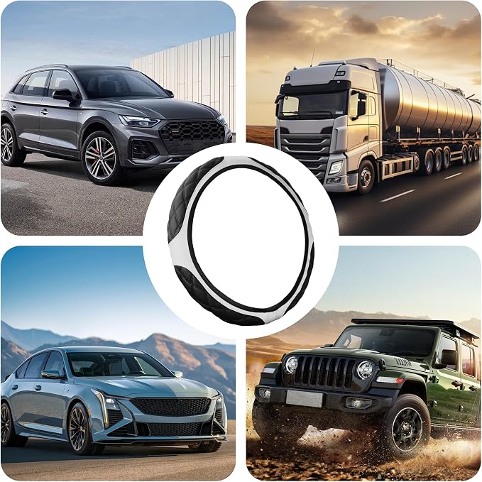 15 Inch Car Leather Steering Wheel Cover, Automotive Accessories Elastic Breathable Anti-Slip Soft Wheel Protector Fits Men and Women, Suitable for SUVs, Trucks, Vehicles and RVs (White)