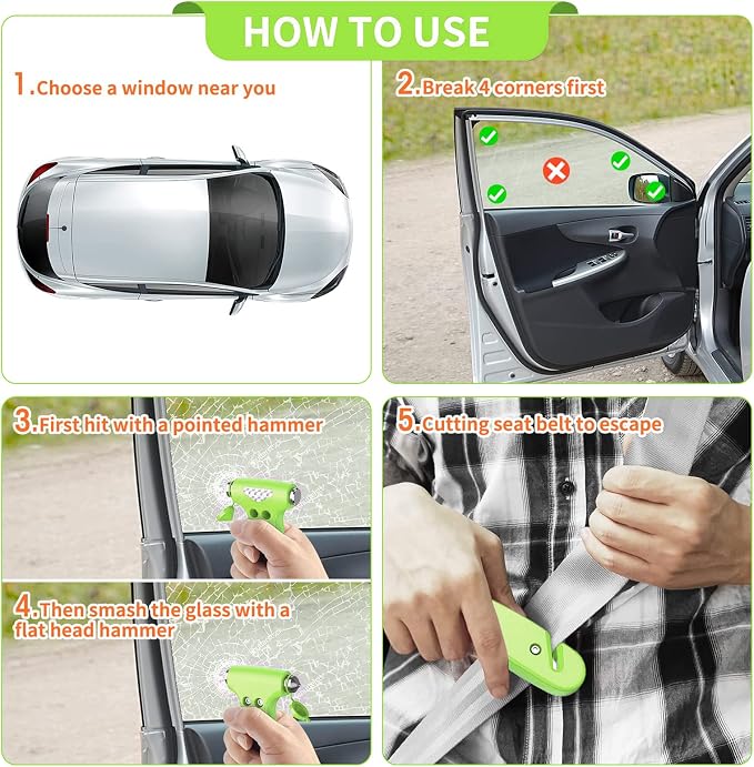 Car Safety Hammer, 3-in-1 Emergency Escape Tool with Window Breaker and Seat Belt Cutter, Safety Emergency Car Escape Tool for Car, Office, Home, 2PCS Green