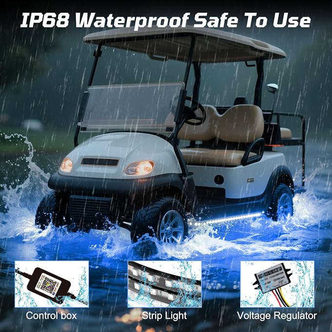 Universal Golf Cart Underbody Light Kit 4PCS, 12V-80V Underglow LED Strip with Bluetooth APP Control,Multicolor RGB,Music Sync Modes,IP68 Waterproof for EZGO Club Car Yamaha(Included Voltage Reducer)
