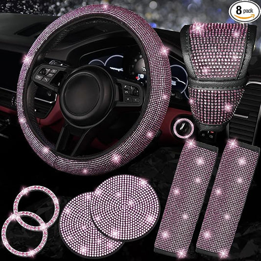NBTEPEM 8 pcs Pink Bling Car Accessories Set for Women, Steering Wheel Cover, Sparkly Seat Belt Covers, Bling Gear Shift Cover, Universal Fit Most Cars (Pink Diamond)