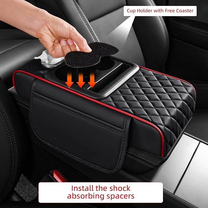 5 in 1 Nappa Leather Console Armrest Cover, Black Red Stitch | Built-in cup holder, tissue slot, phone holder & 2 storage pockets, practical car accessories fit SUV sedan truck