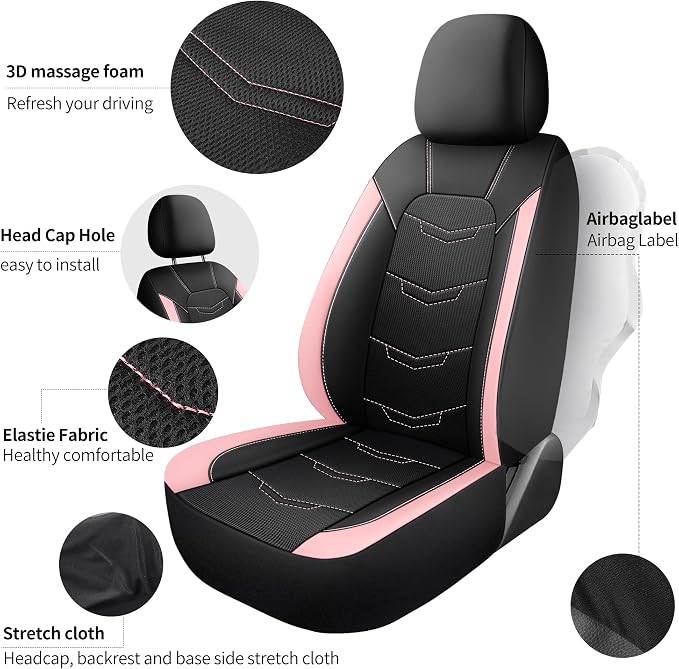 HChengkikz Front Car Seat Cover, Breathable and Sporty (Black + Pink) | Leather, Universal Fit for Most SUVs, Cars, Sedans, Trucks, Airbag Compatible, Easy to Install